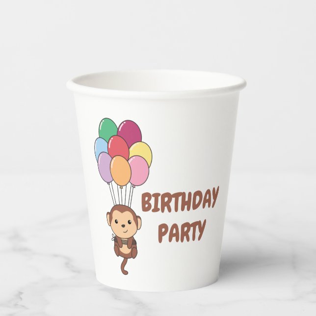 Monkey Flies Up With Colourful Balloons Card Paper Cups (Front)