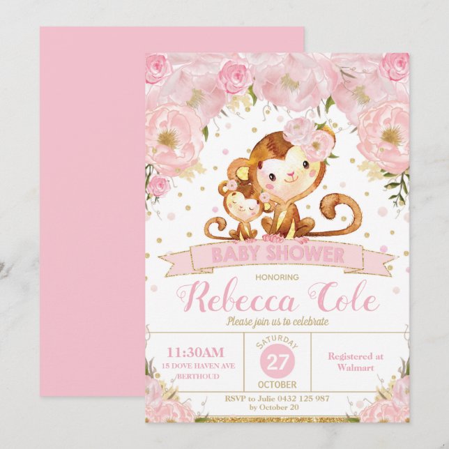 Monkey Floral Baby Shower Invitation Girl (Front/Back)