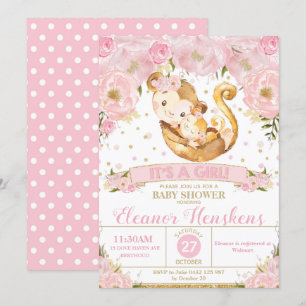 Monkey Floral Baby Shower Invitation Girl