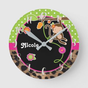 Monkey & Flowers Pink Green Safari Chic Customized Round Clock