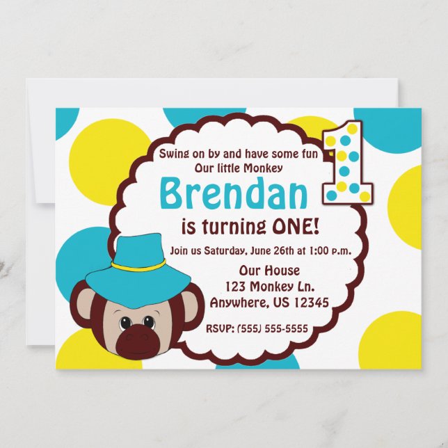 Monkey Fun Boys First Birthday Invitation (Front)