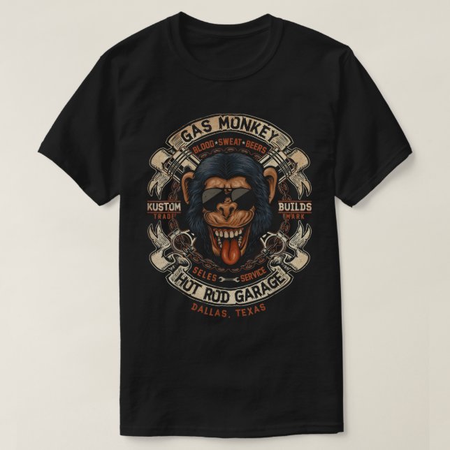 Monkey Gas Crossed Pistons Ribbon Logo  T-Shirt (Design Front)