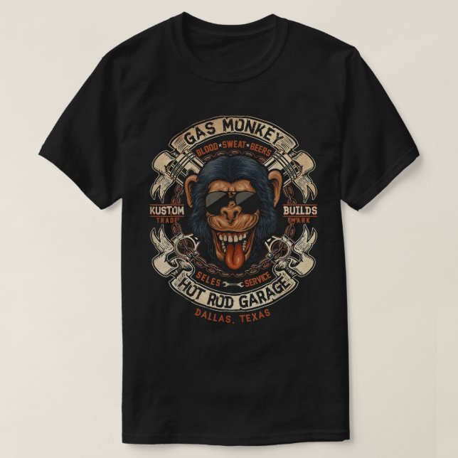 Monkey Gas Crossed Pistons Ribbon Logo  T-Shirt (Design Front)