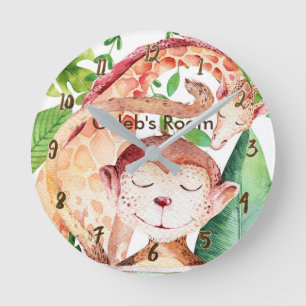 Monkey & Giraffe Watercolor Animals Personalized Round Clock