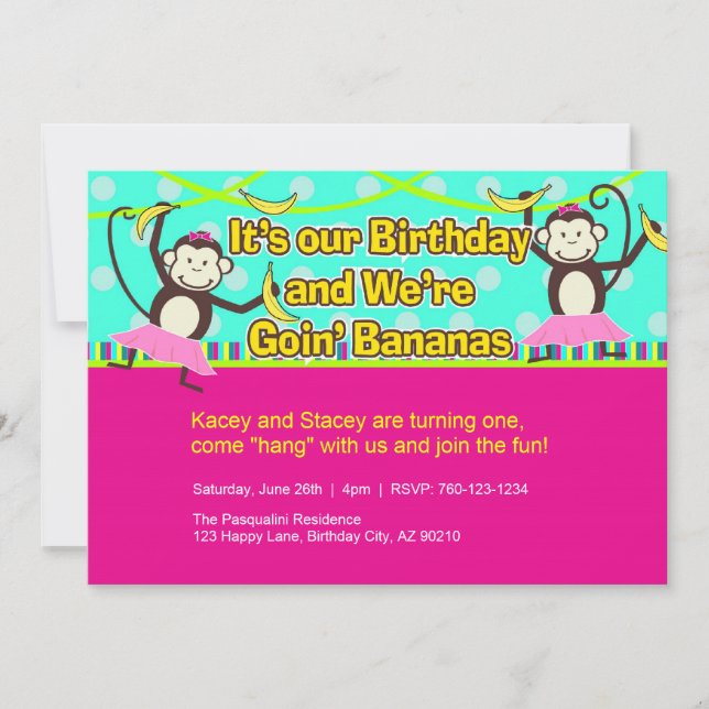 Monkey Girls Birthday Invitations, Twins Invitation (Front)