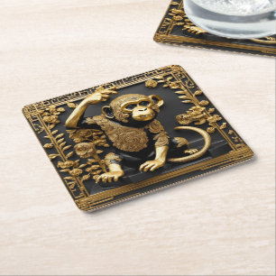 Monkey gold and black ornamental frame square paper coaster