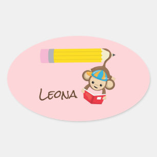 Monkey Hanging by Tail Reading Book with Name Oval Sticker