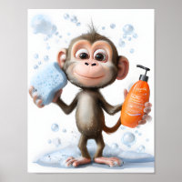 Monkey Illustration, Funny Bathroom Art,  Playful