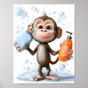 Monkey Illustration, Funny Bathroom Art,  Playful Poster