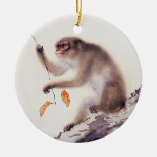 Monkey in a Persimmon Tree Ceramic Ornament