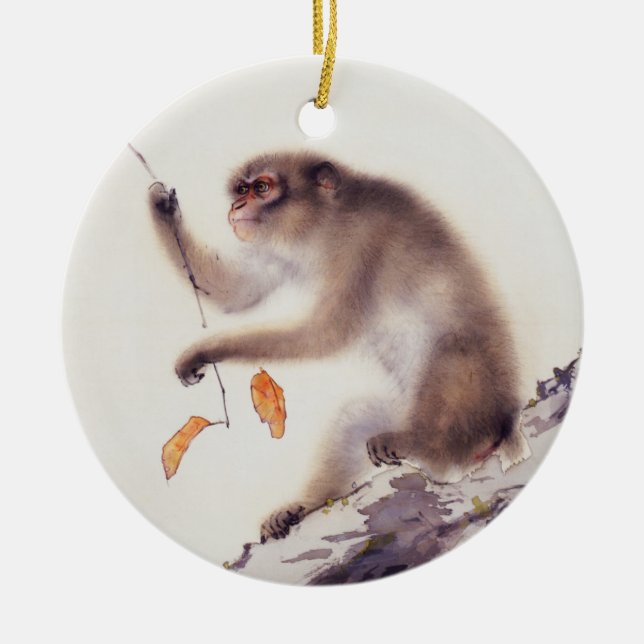 Monkey in a Persimmon Tree Ceramic Ornament (Front)