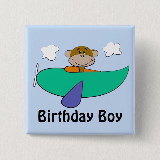 Monkey in Colourful Airplane Birthday 2 Inch Square Button (Front)