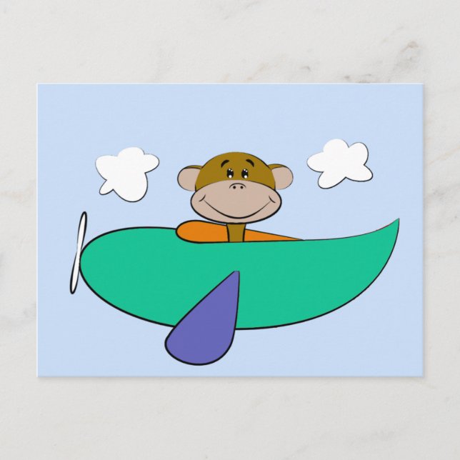 Monkey in Colourful Airplane Birthday Postcard (Front)