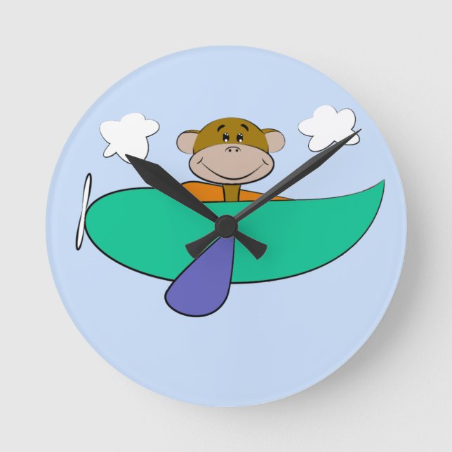 Monkey in Colourful Airplane Round Clock (Front)