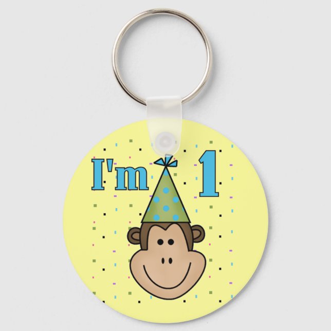 Monkey in Party Hat 1st Birthday Tshirts Keychain (Front)