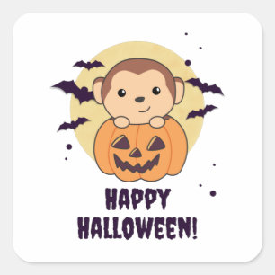 Monkey In Pumpkin Cute Monkeys Happy Halloween Square Sticker