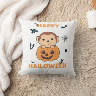 Monkey In Pumpkin Cute Monkeys Happy Halloween Throw Pillow