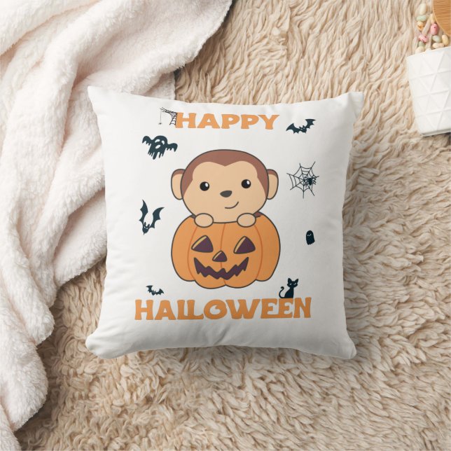 Monkey In Pumpkin Cute Monkeys Happy Halloween Throw Pillow (Blanket)