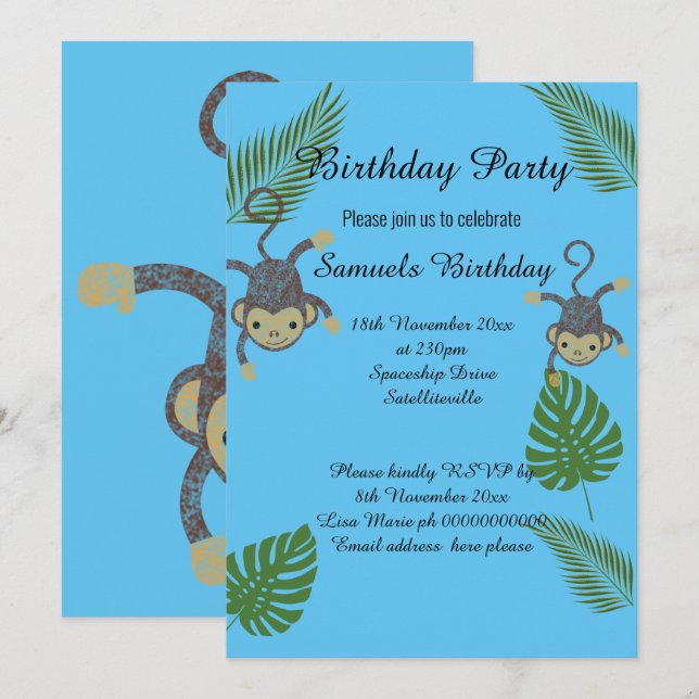 MONKEY JUNGLE  BLUE CHILDRENS BIRTHDAY INVITATION (Front/Back)