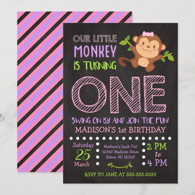 Monkey la ?ère invitation d'anniversaire pour une (Devant / Derrière)