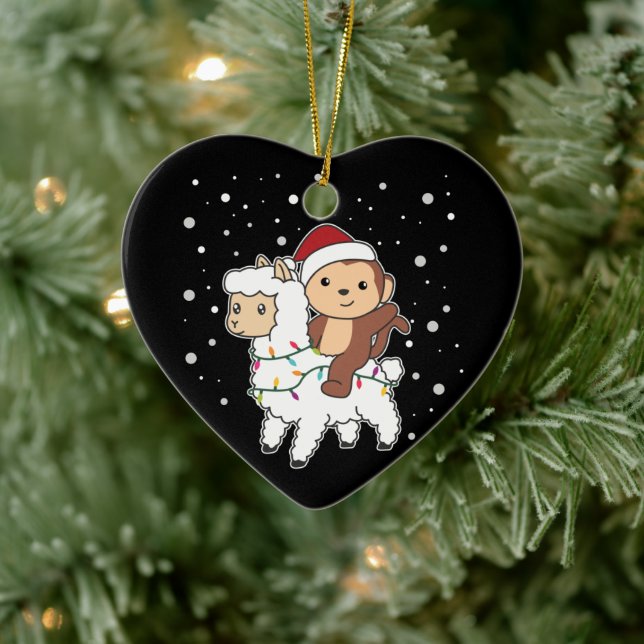 Monkey Lama Christmas Snow Winter Animals Ceramic  Ceramic Ornament (Tree)