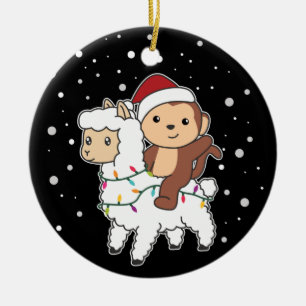 Monkey Lama Christmas Snow Winter Animals Ceramic  Ornament