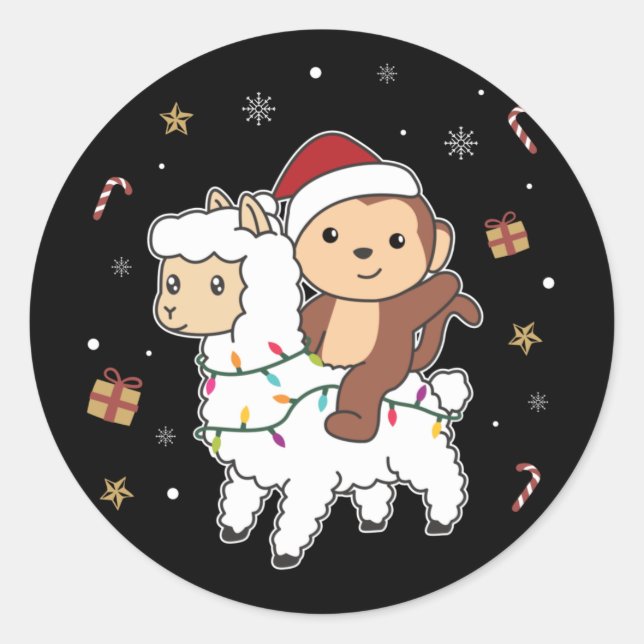 Monkey Lama Christmas Snow Winter Animals Classic  Round Sticker (Front)