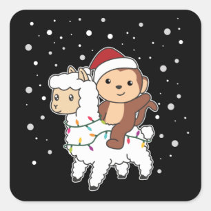 Monkey Lama Christmas Snow Winter Animals Square S Sticker