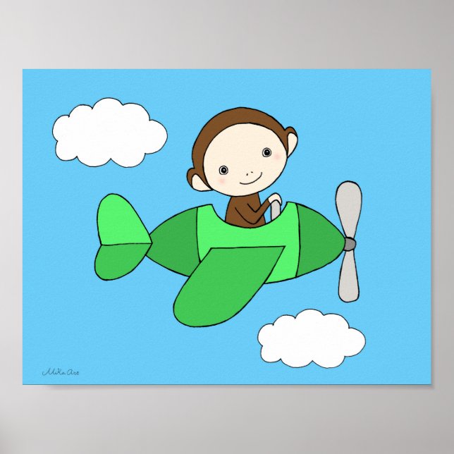 Monkey Nursery Print Cute Happy Monkey on Airplane (Front)