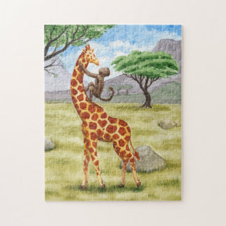 Monkey on a giraffe's back safari landscape jigsaw puzzle