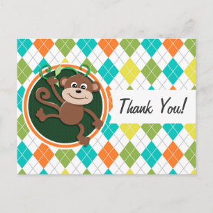 Monkey on Colourful Argyle Pattern Postcard