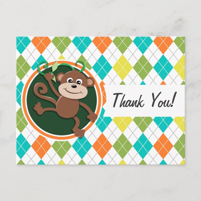 Monkey on Colourful Argyle Pattern Postcard (Front)