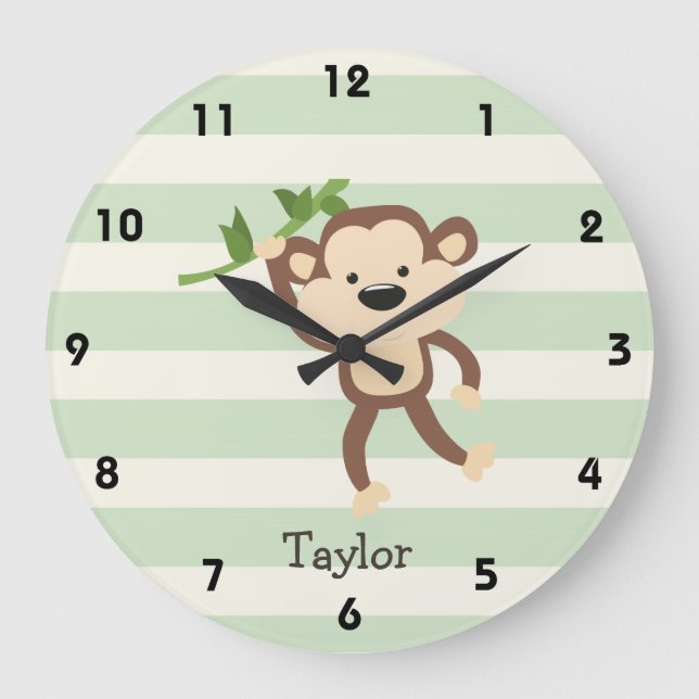 Monkey on Pastel Green Stripes Large Clock (Front)