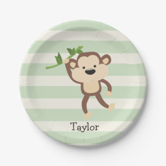 Monkey on Pastel Green Stripes Paper Plate