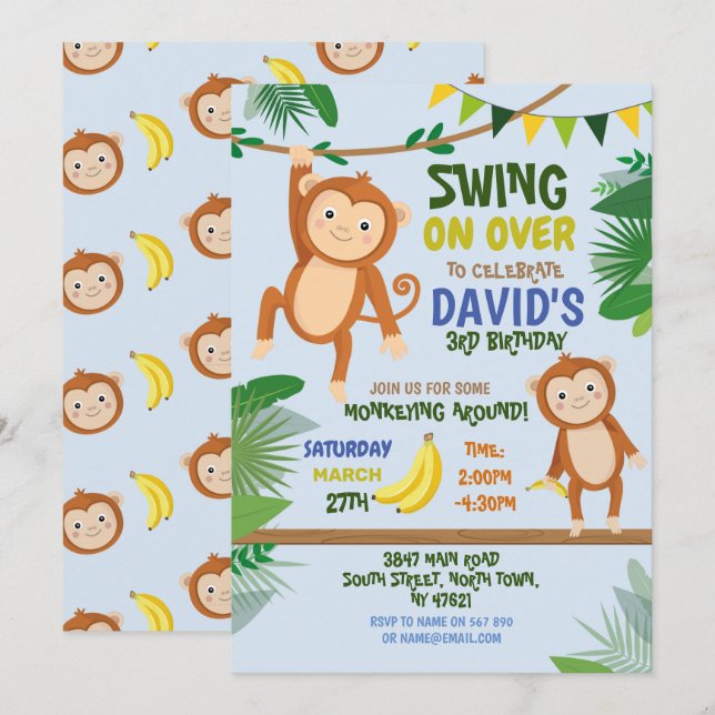 Monkey Party Birthday Swing Over Blue Invitation (Front/Back)