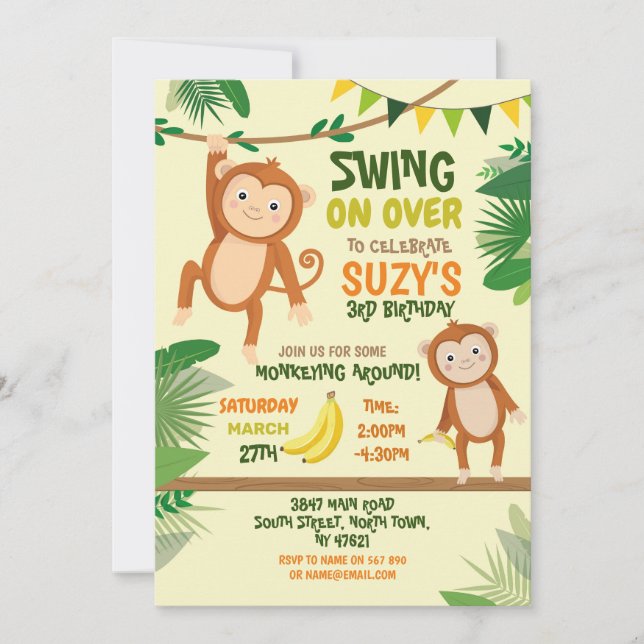 Monkey Party Birthday Swing Over Yellow Fun Invitation (Front)