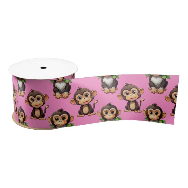 Monkey Pattern Design Pink  Satin Ribbon (Spool)