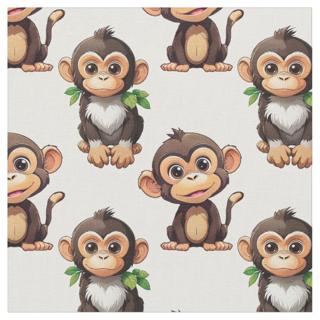 Monkey Pattern Design White  Fabric (Close Up)