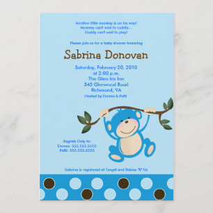 Monkey Play in Blue Boy baby shower 5 x7 Invitation