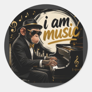 Monkey Playing Piano Music Poster – I Am Music Classic Round Sticker
