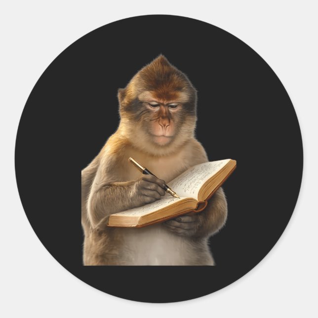 Monkey reading book writing journal book lover classic round sticker (Front)