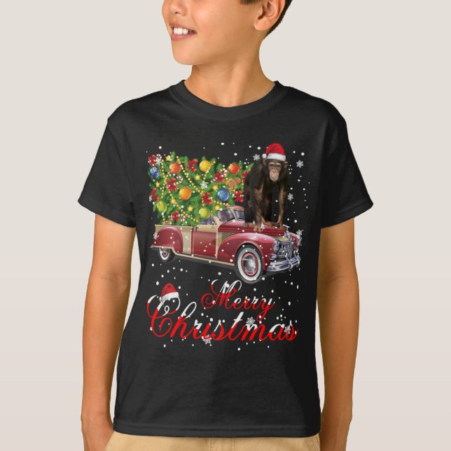 Monkey Rides Red Truck Christmas Pajama T-Shirt (Front)