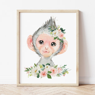 Monkey, Safari, Jungle, Pink Flowers, Girl Nursery Poster