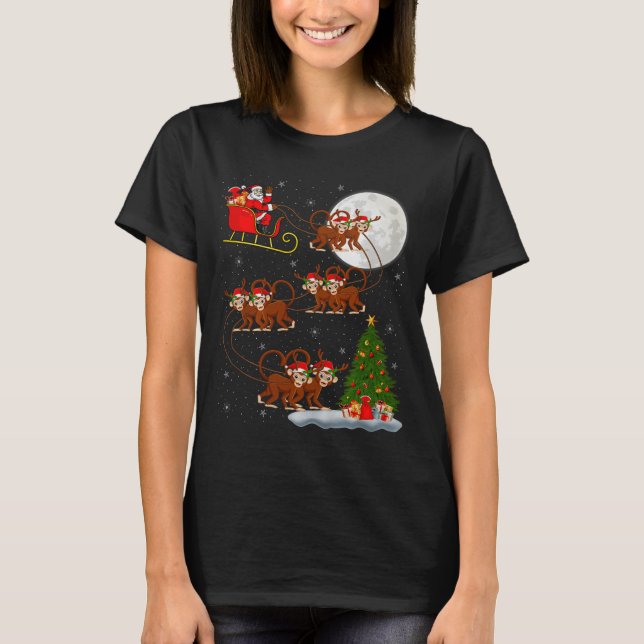Monkey Santa Sleigh Flying Funny Magical Christmas T-Shirt (Front)