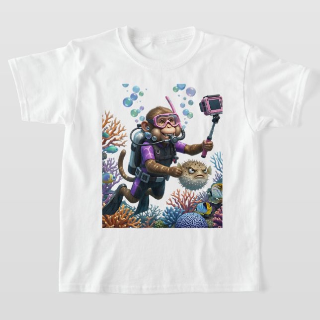 Monkey Scuba Diver Selfie with Grumpy Pufferfish T-Shirt (Laydown)