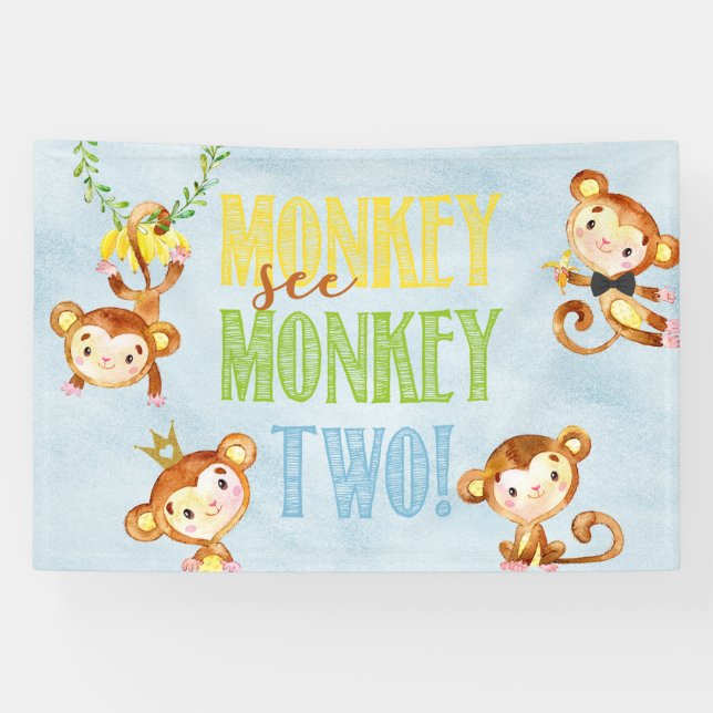 Monkey see monkey two boy birthday banner/backdrop banner (Horizontal)