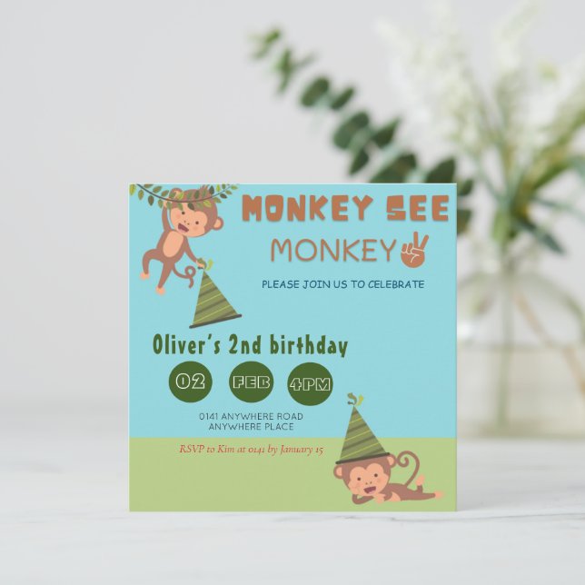 Monkey see monkey two gender neutral birthday  invitation (Standing Front)