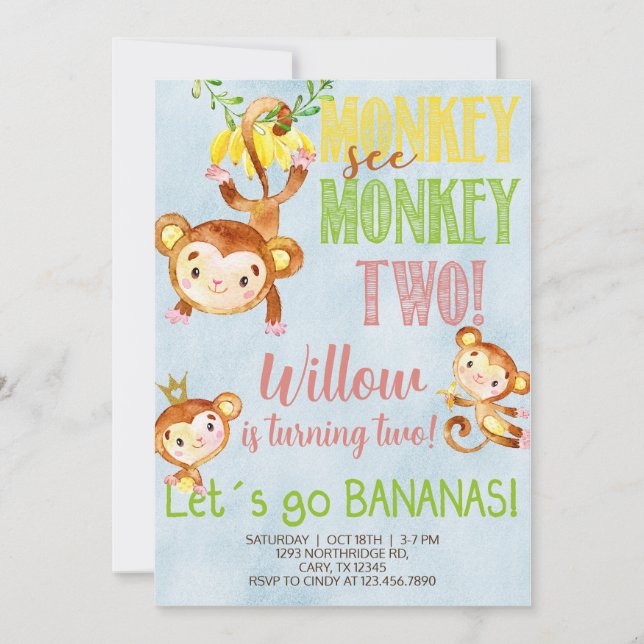 Monkey see monkey two girl birthday invite. invitation (Front)