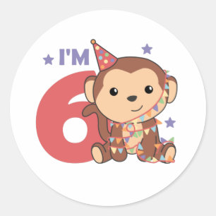 Monkey Sixth Birthday Kids 6 Years Old Classic Rou Round Sticker