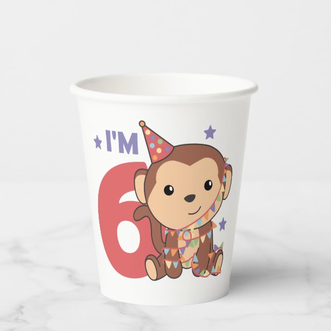 Monkey Sixth Birthday Kids 6 Years Old Paper Cups (Front)